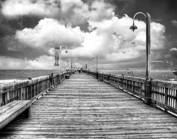 Tybee Poster featuring the photograph On the Pier at Tybee-BW by Tammy Wetzel