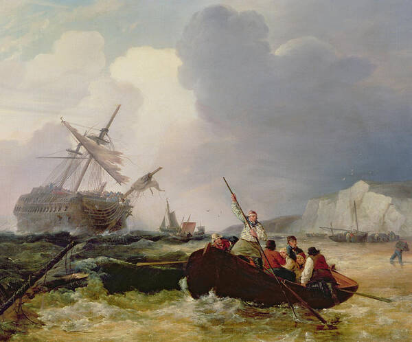 Boat Poster featuring the painting Rowing Boat Going to the Aid of a Man-o'-War in a Storm by George Chambers