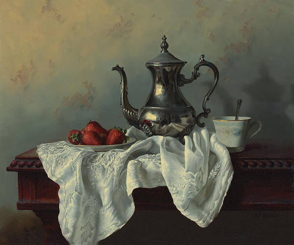 Silver Poster featuring the painting Silver Coffeepot and Lace by Alexei Antonov