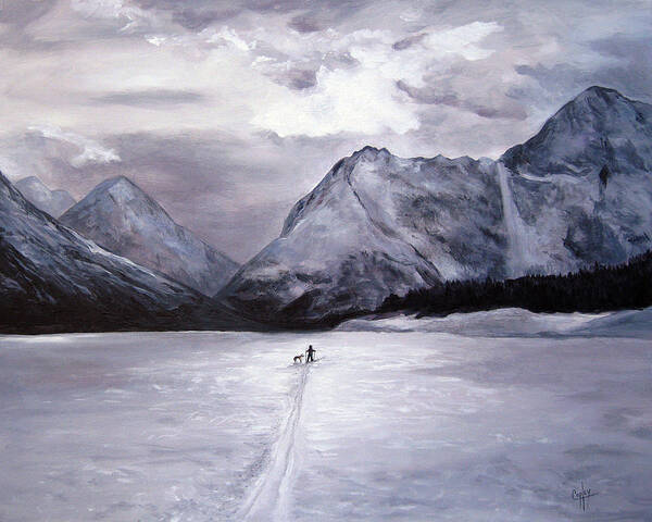 Cross Country Skiing Poster featuring the painting Stormy Ski on Eklutna by Karen Copley