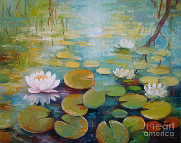 Lily Poster featuring the painting Water lilies on the pond by Elena Oleniuc