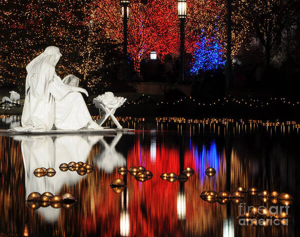 Christmas Poster featuring the photograph Water Christmas Nativity Scene at Night by Gary Whitton