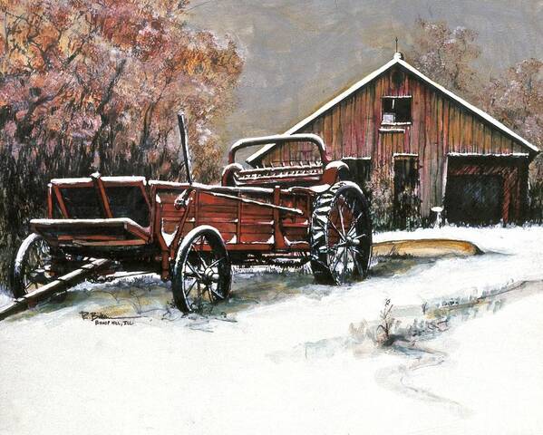 Winter Barn With Farm Equipment Poster featuring the painting Winter Barn with Farm Equipment by Robert Birkenes