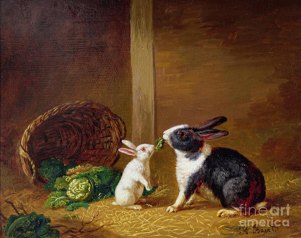 Two Poster featuring the painting Two Rabbits by H Baert