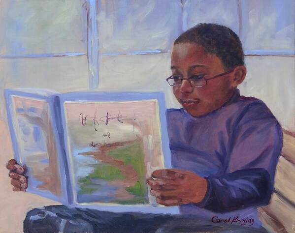 African American Boy Reading Poster featuring the painting Alex Reading #1 by Carol Berning