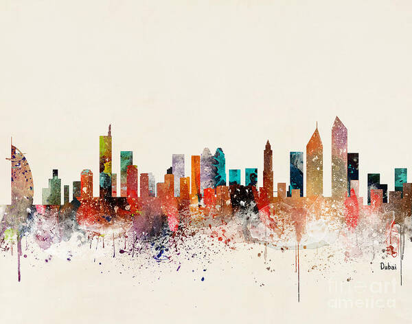 Dubai United Arab Emirates City Skyline Poster featuring the painting Dubai Skyline #1 by Bri Buckley