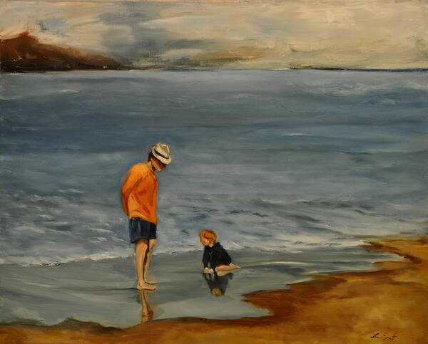 Landscape Poster featuring the painting Family on beach #1 by Lindsay Frost