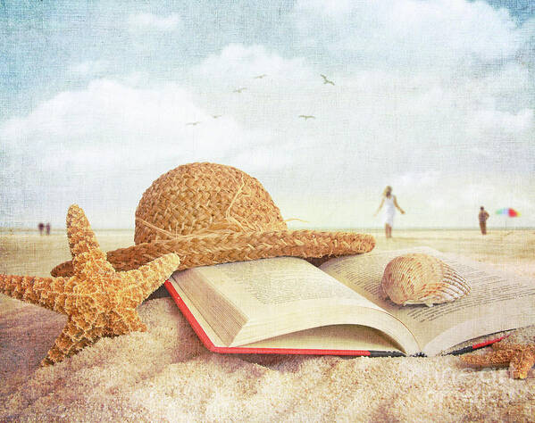 Abstract Poster featuring the photograph Straw hat book and seashells in the sand #1 by Sandra Cunningham