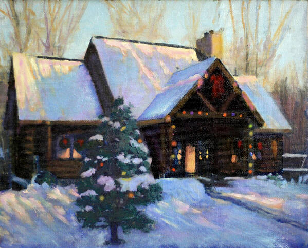 Sunset Poster featuring the painting The Christmas Cabin #1 by David Zimmerman