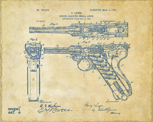 Luger Poster featuring the digital art 1904 Luger Recoil Loading Small Arms Patent - Vintage by Nikki Marie Smith