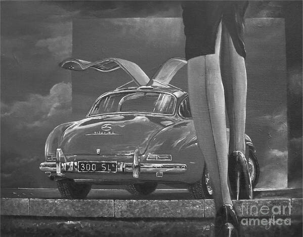 Mercedes Benz 300 Sl Gullwing Coupe Painting Poster featuring the painting 1957 Mercedes Benz 300 SL Gullwing coupe In Black and White by Sinisa Saratlic