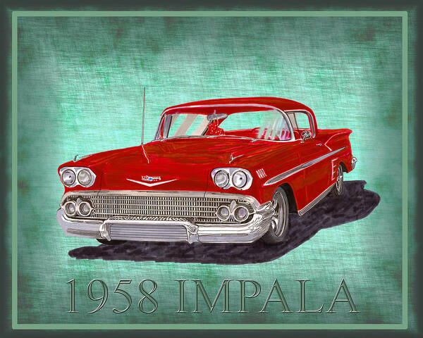 A Bright Red 1958 Chevy Impala Poised Against A Green Linen Pillow Poster featuring the painting 1958 Impala by Chevrolet by Jack Pumphrey