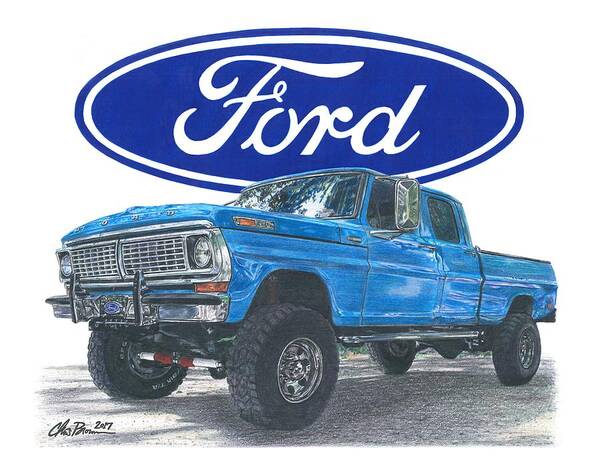 Ford Poster featuring the drawing 1970 Ford F-250 Crew Cab by Chris Brown