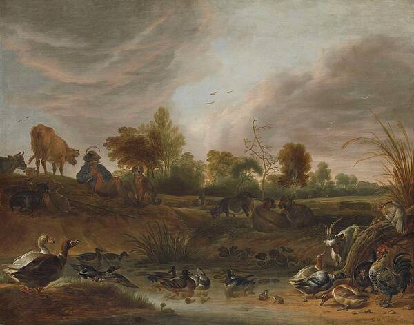 Landscape With Animals Poster featuring the painting Landscape With Animals #2 by Cornelis Saftleven