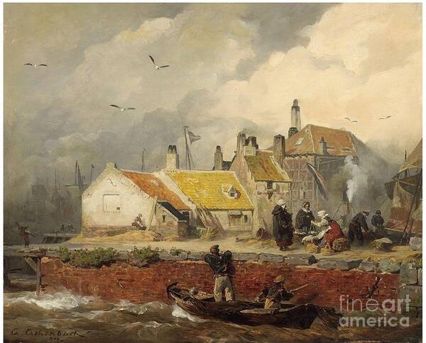 Andreas Achenbach Poster featuring the painting A Dutch Coastal Scene With Fisher's Cottages by MotionAge Designs