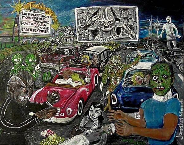 American International Pictures A.i.p. Drive-in Theater Poster featuring the painting A I P Monster Movie Marathon At The Twilight Drive - In La Porte Indiana by Jonathan Morrill