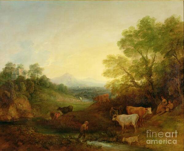 Landscape Poster featuring the painting A Landscape with Cattle and Figures by a Stream and a Distant Bridge by Thomas Gainsborough