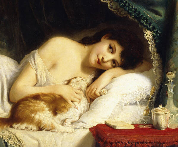 Cat Poster featuring the painting A Reclining Beauty with her Cat by Fritz Zuber-Buhler