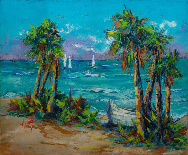Abondoned Boat On Beach With Palm Trees And Sailboats Poster featuring the painting Abandoned Boat by Mary DuCharme