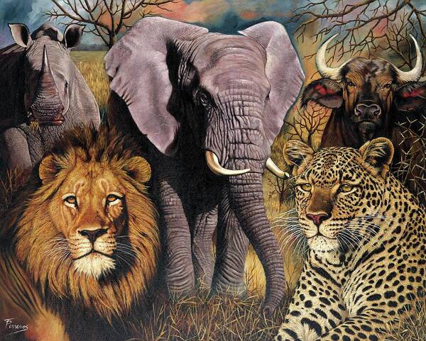 Wildlife Poster featuring the painting African Big Five by Patricia Perrevos
