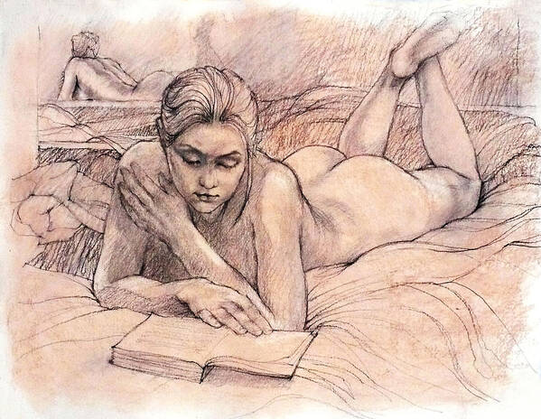 Female Nudes Poster featuring the drawing Amy Reading by Roz McQuillan