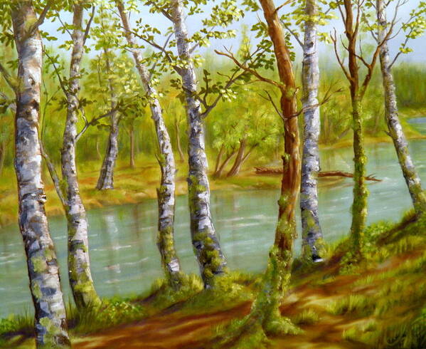 Landscape Creek River Stream Water Sky Trees Reflection Path Trail Log Cottonwoods Forest Moss Bushes Grasses Hill Dirt Bark Branches Alders Firs Light Shadow Green Blue Brown Yellow Orange White Grey Purple Poster featuring the painting Autumn Begins by Ida Eriksen