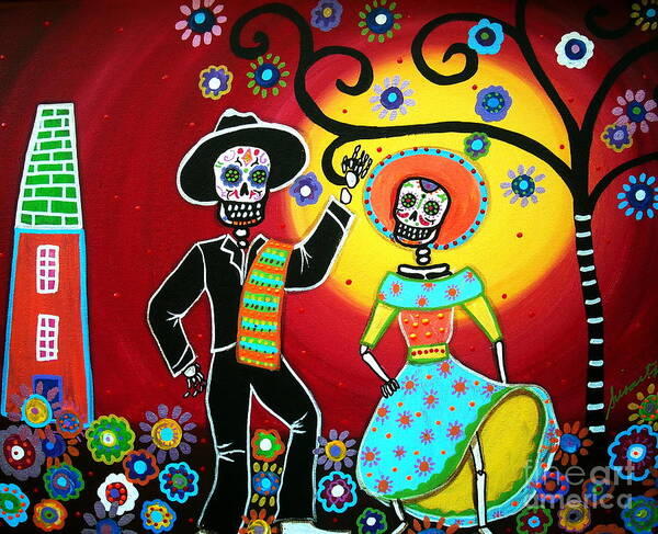 Mariachi Dancing Fiesta Bailar Day Of The Dead Painting Mexican Tree Dia De Los Muertos Flowers Blooms Paintings Prints Posters Original Folk Art Couple Happy Poster featuring the painting Bailar by Pristine Cartera Turkus