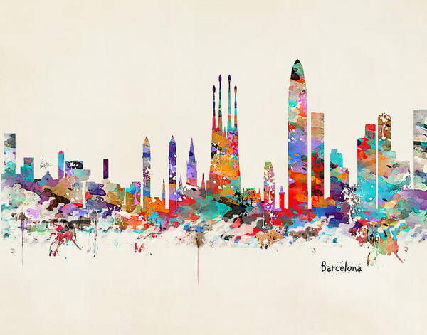 Barcelona Poster featuring the painting Barcelona City Skyline by Bri Buckley