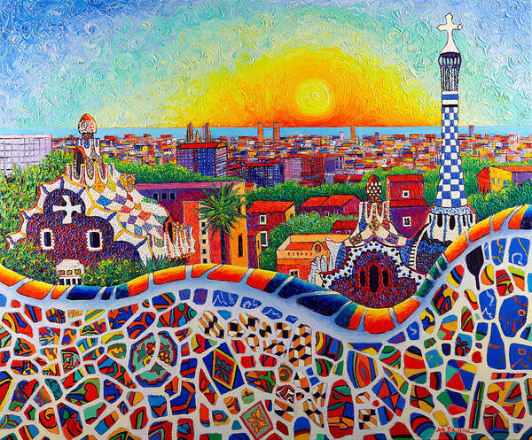 Barcelona Poster featuring the painting BARCELONA SUNRISE COLORS FROM PARK GUELL modern impressionism knife oil painting Ana Maria Edulescu by Ana Maria Edulescu