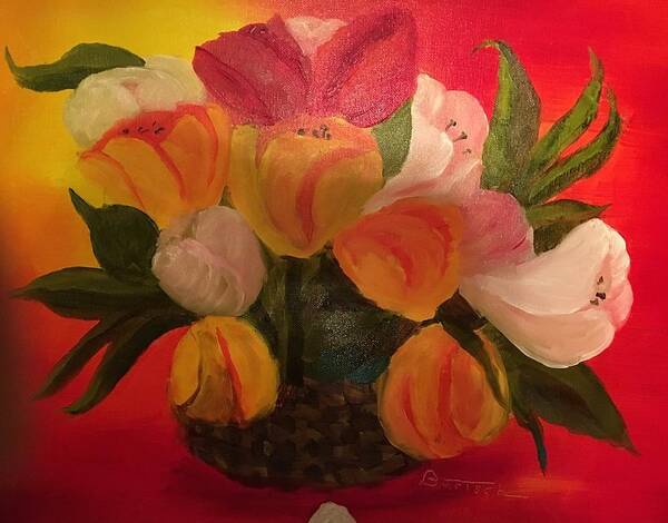 Basket Poster featuring the painting Basket of Tulips by David Bartsch