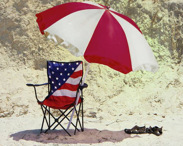Beach Poster featuring the photograph Beach Time - U. S. A. Flag Chair and Umbrella by Mitch Spence
