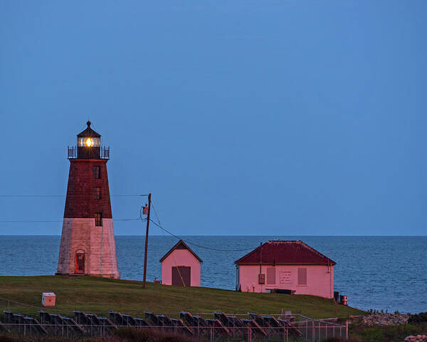 Judith Poster featuring the photograph Beacon in the Night Judith Point Lighthouse Narragansett Rhode Island RI Blue Hour by Toby McGuire