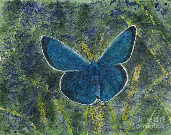Blue Karner Butterfly Poster featuring the painting Blue Karner Butterfly Watercolor Batik by Conni Schaftenaar