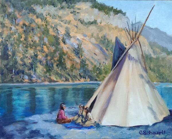 Tipi Poster featuring the painting Camp by the Lake by Connie Schaertl
