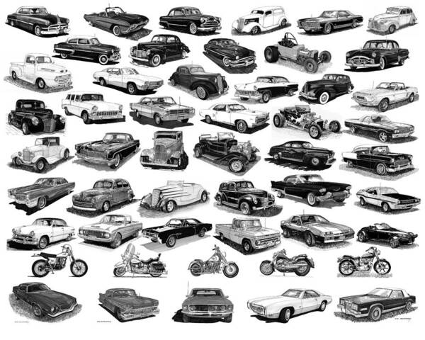 Poster Or Shower Curtain Art Of Black & White Cars Poster featuring the drawing American Car Poster by Jack Pumphrey