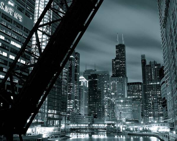 Chicago Poster featuring the photograph Chicago Grayscale Night by Frozen in Time Fine Art Photography