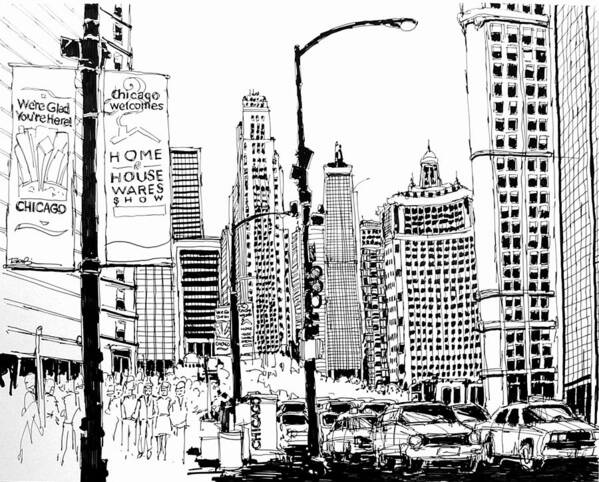 Chicago. Michigan Avenue Looking South From Ohio Street. Poster featuring the drawing Chicago Michigan Avenue by Robert Birkenes