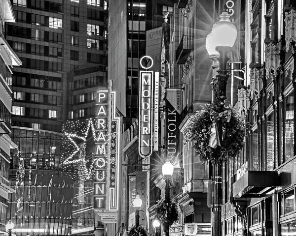 Boston Poster featuring the photograph Christmas in Downtown Boston MA Paramounr Washington Street Black and White by Toby McGuire