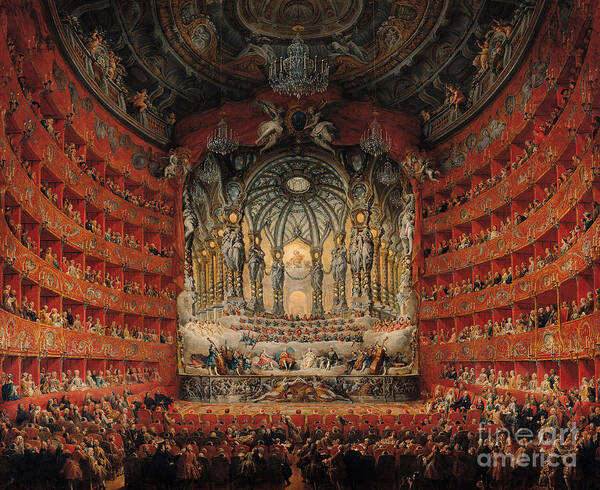 Concert Poster featuring the painting Concert given by Cardinal de La Rochefoucauld at the Argentina Theatre in Rome by Giovanni Paolo Panini