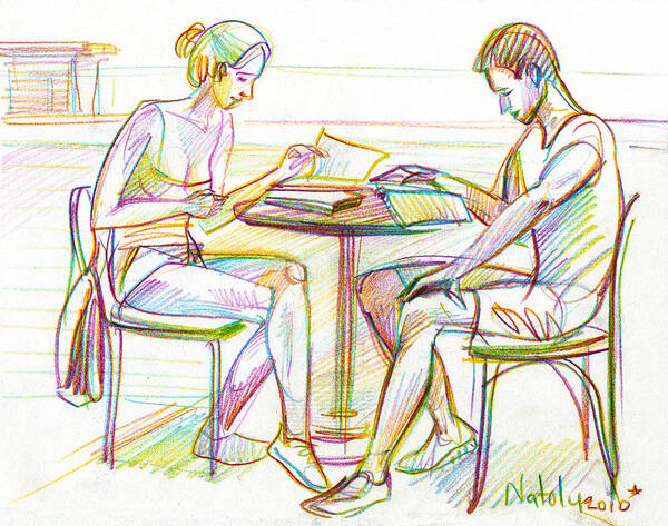 Woman Poster featuring the drawing Couple Reading by Natoly Art