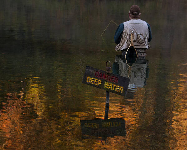 Water Poster featuring the photograph Danger Deep Water - Trout Fisherman in Autumn by Mitch Spence