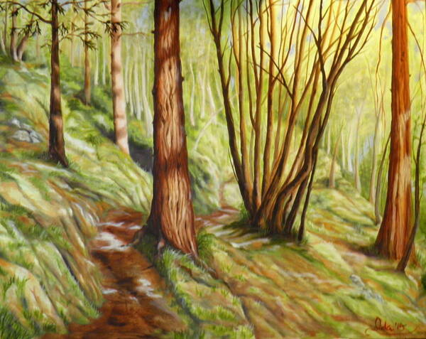 Trail Trees Maples Firs Cedar Moss Bushes Path Hillside Light Shadow Dirt Grasses Rocks Ferns Green Yellow Orange Brown Blue White Dark Bright Forest Nature Poster featuring the painting Danny's trail by Ida Eriksen