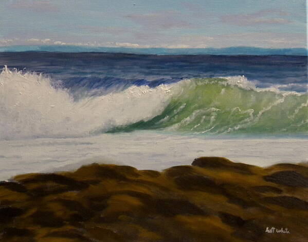 Seascape Crashing Wave Ocean Water Rocks Shoreline Landscape Foam Rough Seas Coast Maine Rachael Carson Salt Pond Poster featuring the painting Day After The Storm by Scott W White