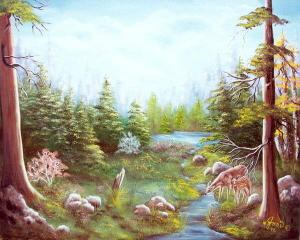 Landscape Poster featuring the painting Deer and Stream by Joni McPherson