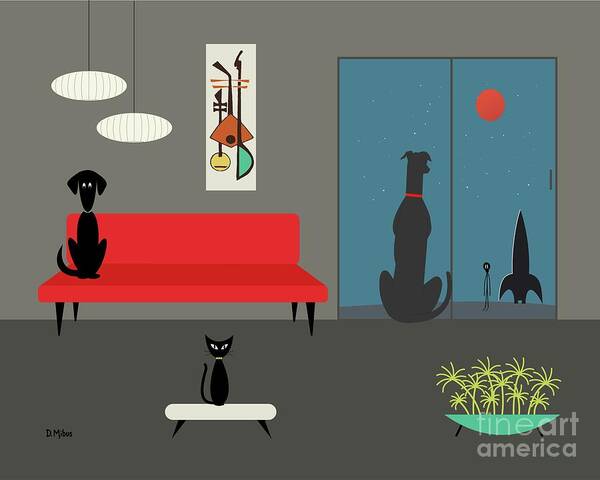 Mid Century Modern Poster featuring the digital art Dog Spies Alien Gray Room by Donna Mibus