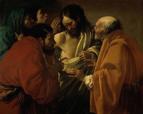 Doubting Poster featuring the painting Doubting Thomas by Hendrick ter Brugghen