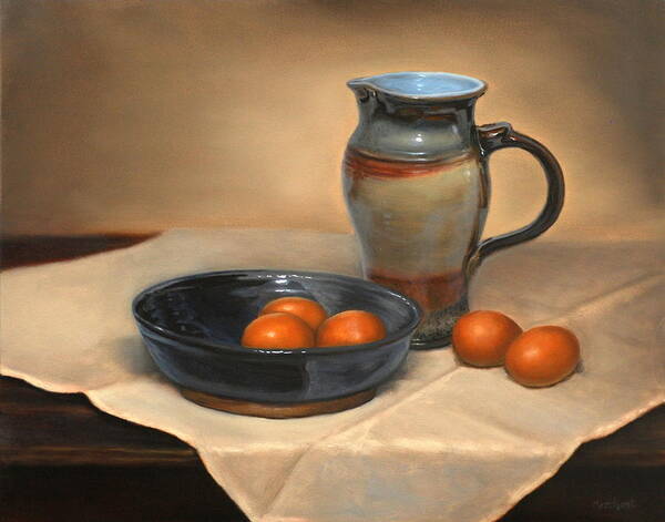 Oil Poster featuring the painting Eggs and Pitcher by Linda Merchant