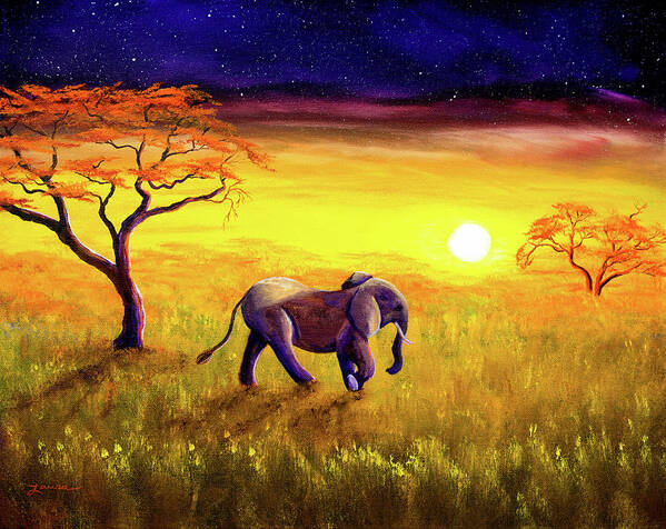 Elephant Poster featuring the painting Elephant in Purple Twilight by Laura Iverson