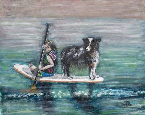 Lake Poster featuring the painting Erin and Oakie on the Paddle Board by Lucille Valentino