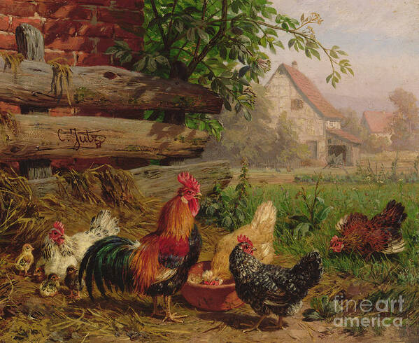 Chicken Poster featuring the painting Farmyard Chickens by Carl Jutz